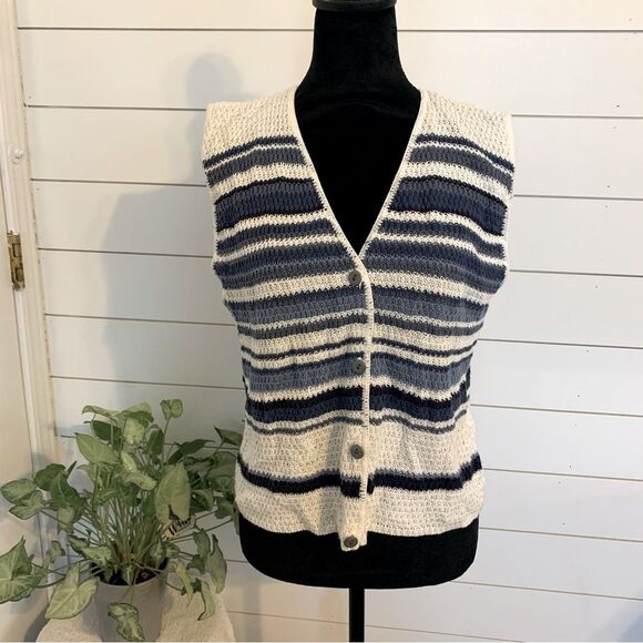 Woven Sweater Vest, Cream & Blue Striped, VTG Backroad Blues Women's Large - Picture 1 of 8